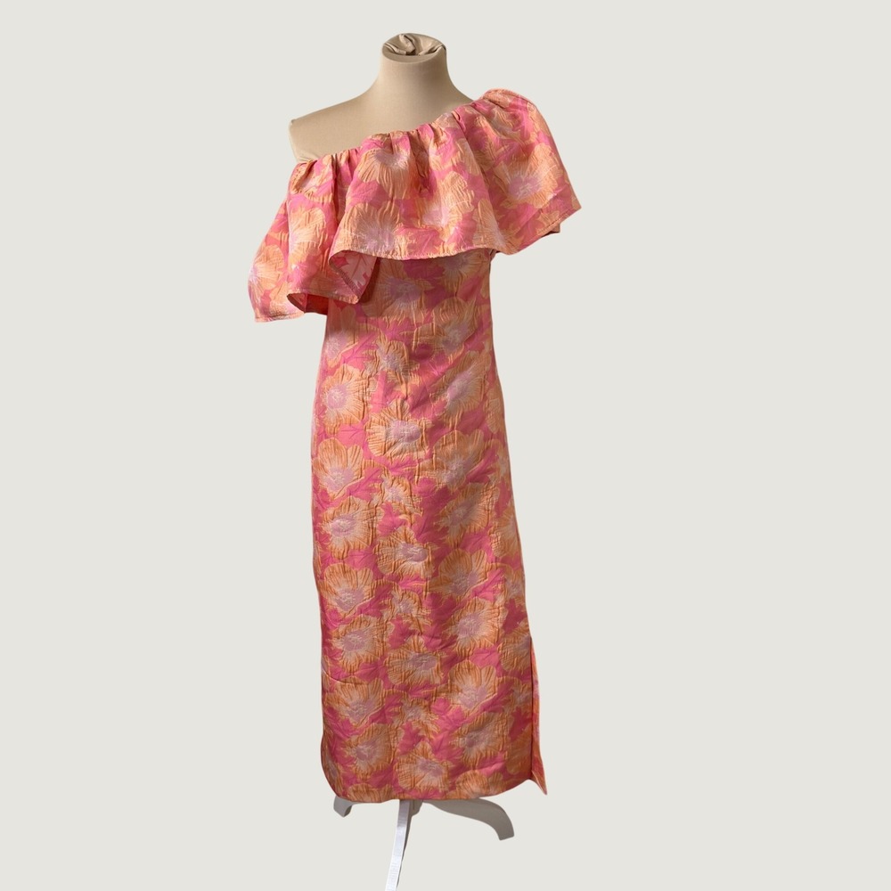 Abbey Glass One Shoulder Dress Coral Orange Floral Jacquard Garden Party Size S